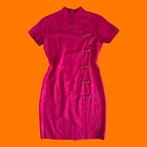80's 90's vintage pink asian oriental floral jacquard cheongsam dress Size 8